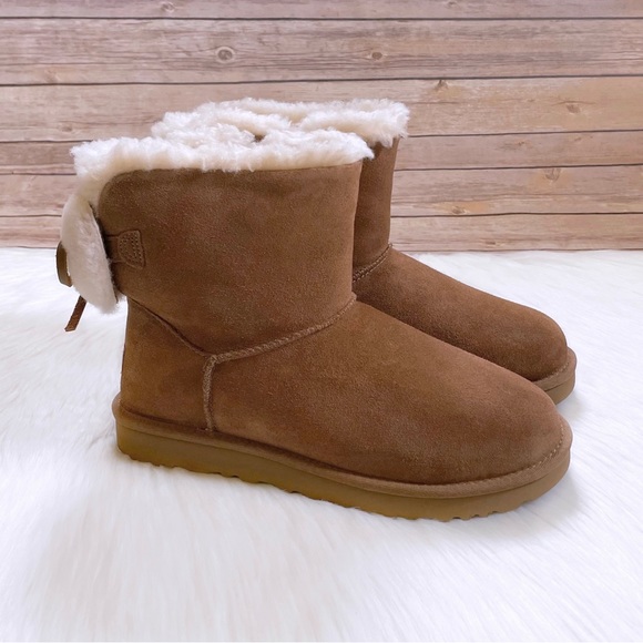 UGG Classic Double Bow Mini Chestnut Suede Boots - Picture 2 of 9
